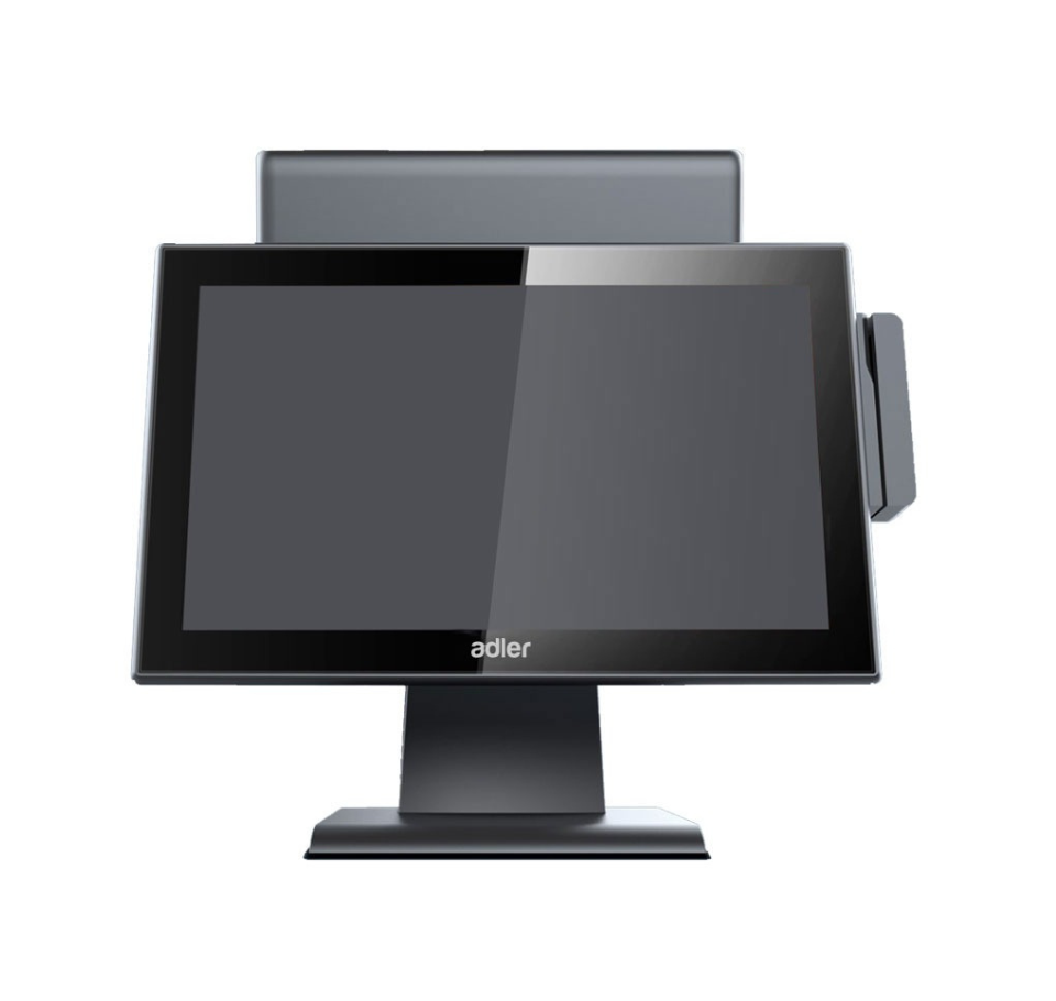 Adler POS system with touchscreen and card reader on a white  Best ADLER POS System in India – POSMEAbackground