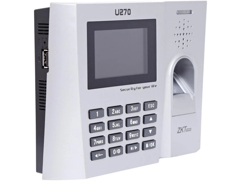 A white and black ZKT Technology U270 biometric access control panel with a screen, keypad, and fingerprint scanner, shown on a white background. - Buy ZKTeco U270 Fingerprint Reader in India, India