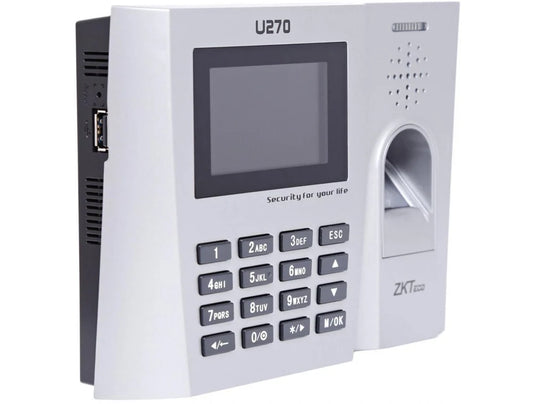 A white and black ZKT Technology U270 biometric access control panel with a screen, keypad, and fingerprint scanner, shown on a white background. - Buy ZKTeco U270 Fingerprint Reader in India, India