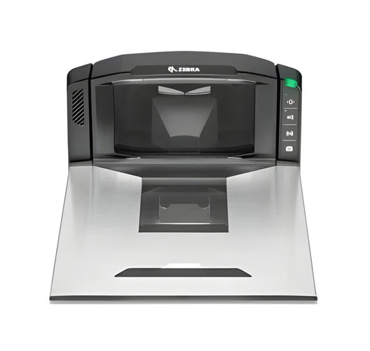 A Zebra flatbed scanner with a brushed silver metal base and a black top housing the scanner unit, shown on a solid white background. - Buy Zebra MP7000 MP7010-SNS0M00WW in India | Posmea