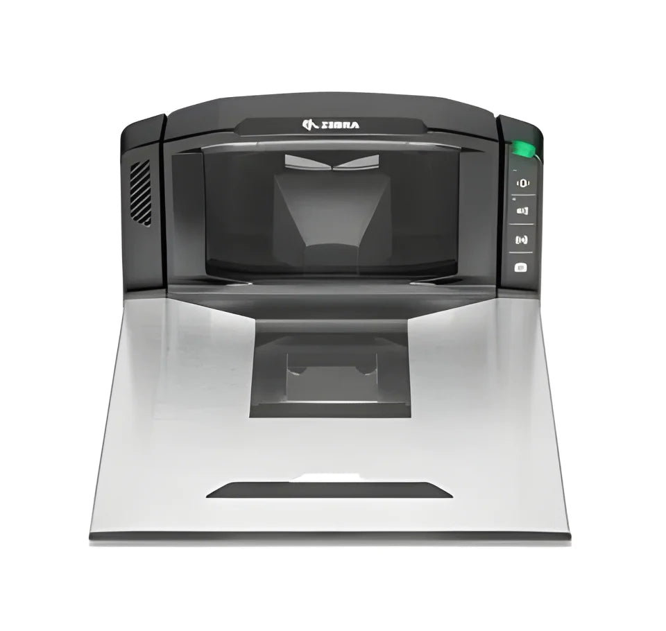 A Zebra flatbed scanner with a brushed silver metal base and a black top housing the scanner unit, shown on a solid white background. - Buy Zebra MP7000 Scanner Scale ZEB-MX306SA00WW in India | Bioptic Retail Scanner Scale – POSMEA