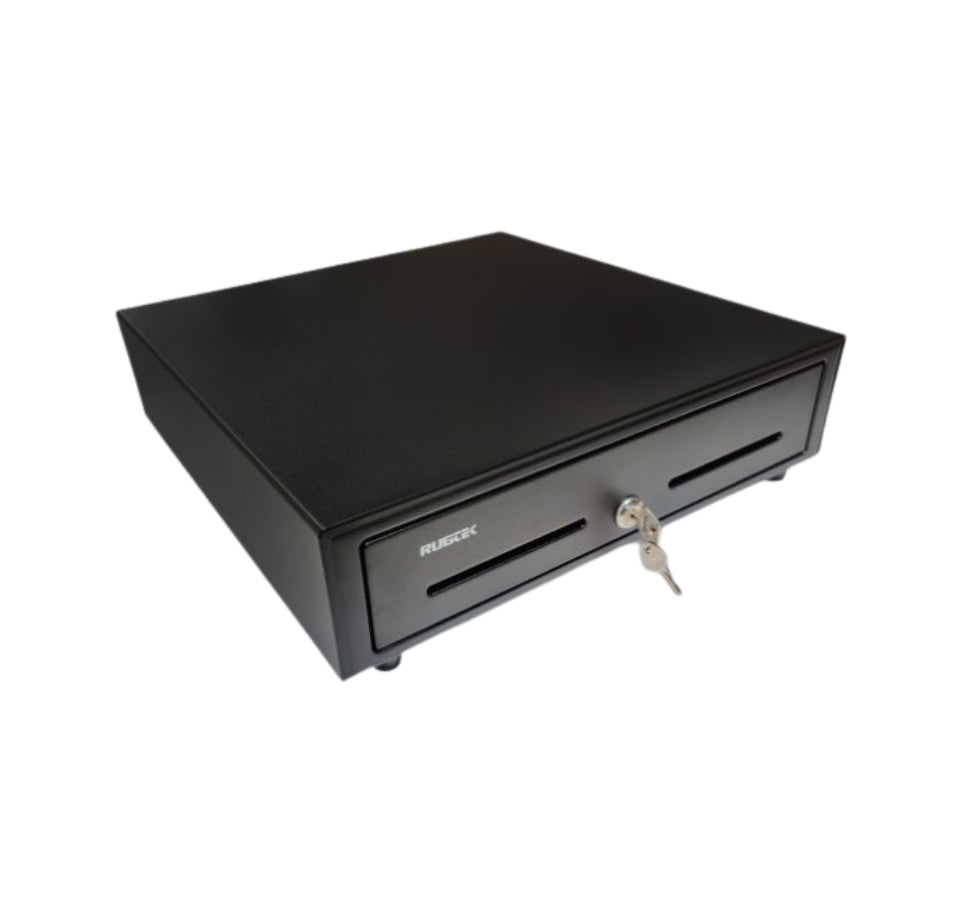 A black cash register drawer unit with a key inserted into the front lock, shown on a plain white background. - CR-330 Metal Cash Drawer | Commercial POS Cash Drawer with RJ11 Printer Connectivity for Retail Billing