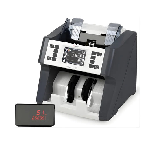 Money counting machine with digital display on a white background  - Cassida Xpecto LiTE AED Cash Counter – Compact Money Counting Machine in India, India