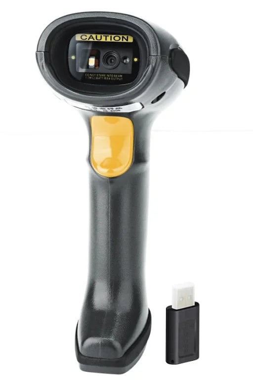 A handheld barcode scanner with a black and gray body and a yellow trigger, shown alongside a small black USB receiver on a plain white background. - D-5015 2D Bluetooth Barcode Scanner | Wireless USB Dongle, Bluetooth & USB Barcode Reader | POSMEA India