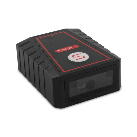 A black rectangular laser level device with a red border and a circular white target window on the top surface, shown on a plain white background. - D-FS-4060+ 2D Fixed Barcode Reader | High-Speed Fixed Mount QR & Barcode Scanner | IP54 Industrial Scanner | POSMEA India