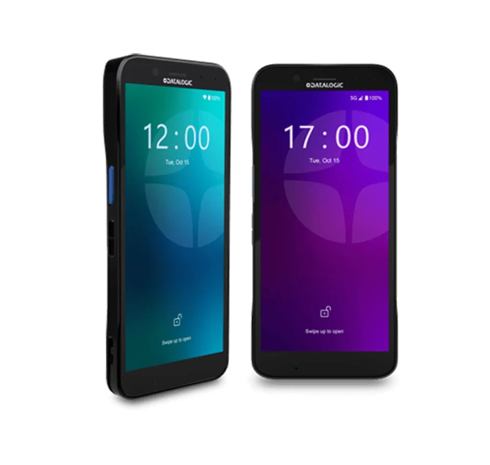 Two smartphones displaying different times on their screens against a white background - Datalogic Memor 17 Mobile Computer India | 5G Rugged Android PDA | POSMEA