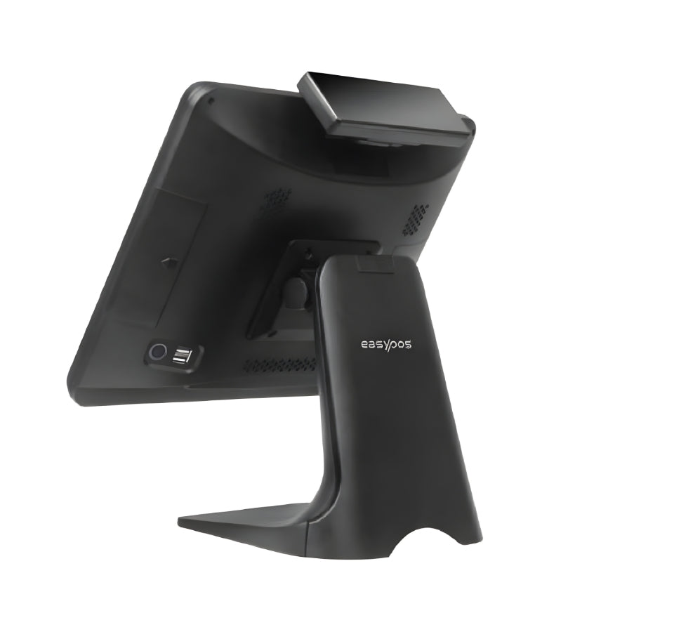 Black POS terminal with stand on a white background, featuring the 'easypos' brand. High-Performance EPPS POS Machine in India – POSMEA - EPPS-305 Intel Core i5 POS System | High-Speed EPPS POS System for Retail & F&B – POSMEA