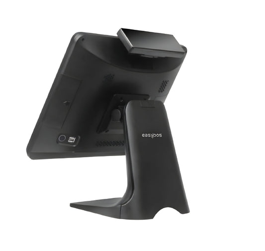 Black POS terminal with stand on a white background, featuring the 'easypos' brand. High-Performance EPPS POS Machine in India – POSMEA - EPPS-305 Intel Core i5 POS System | High-Speed EPPS POS System for Retail & F&B – POSMEA