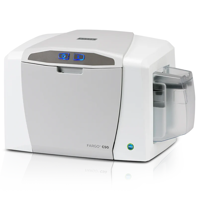Fargo C50 card printer on a white background - Fargo DTC C50 Single-Side ID Card Printer Bundle