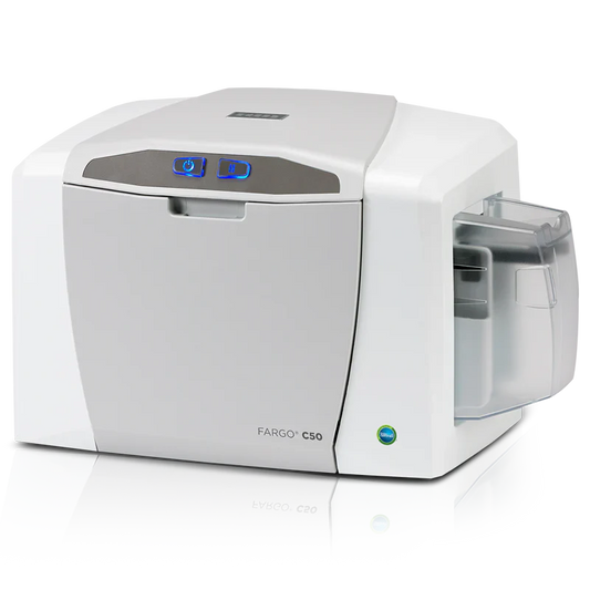 Fargo C50 card printer on a white background - Fargo DTC C50 Single-Side ID Card Printer Bundle