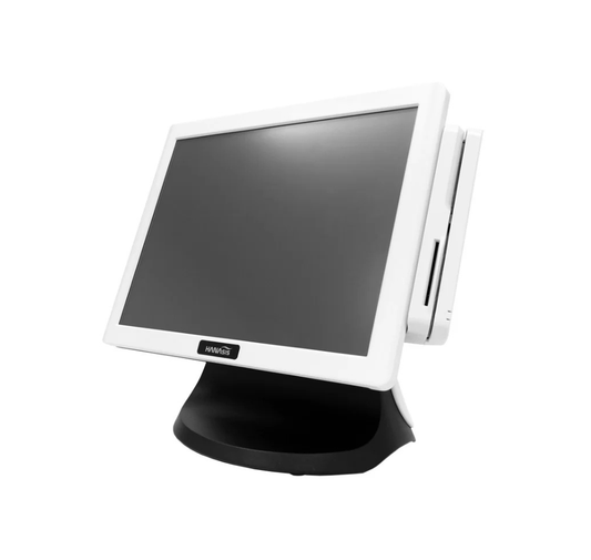 White touchscreen monitor on a stand with a white background Complete Hanasis POS Billing System India – POSMEA