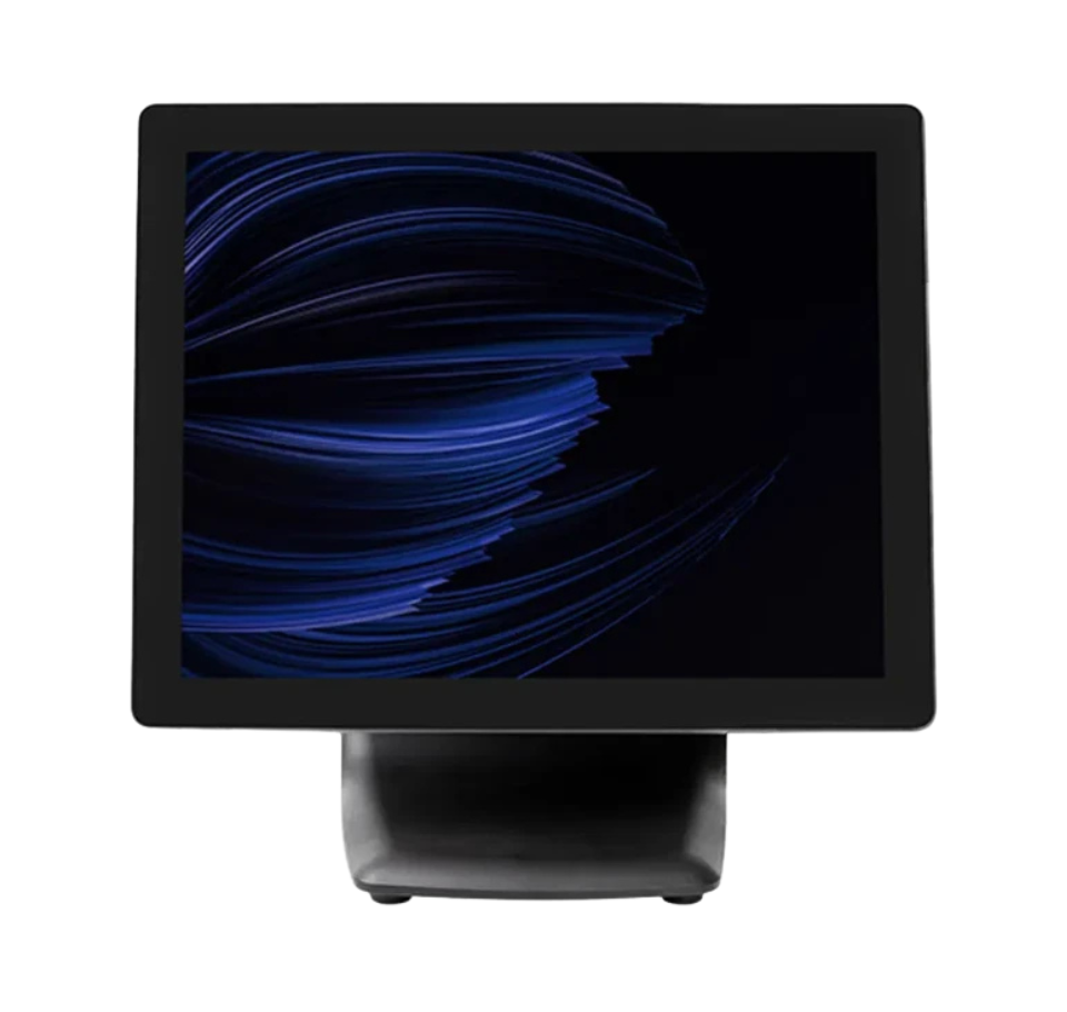 Black electronic device with a blue abstract pattern on the screen against a white background Complete Restaurant POS Terminal in India – POSMEA 