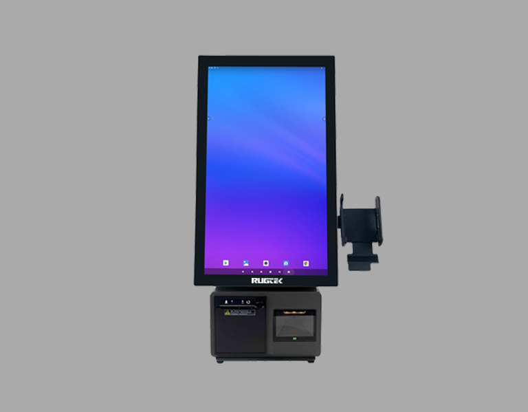 Tall, thin electronic device with a screen on a gray background - KT2 Multi-functional Smart Android Kiosk | Self-Ordering Restaurant & Retail Touchscreen Kiosk