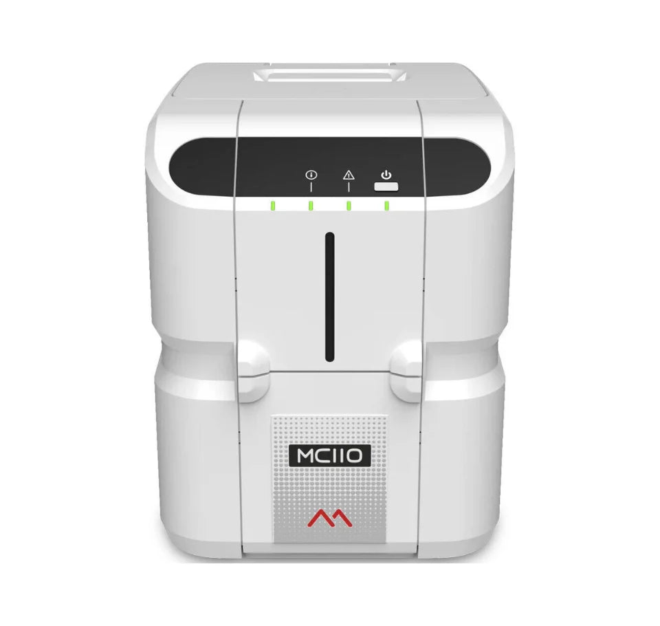 A white and gray countertop appliance, likely a coffee maker or beverage dispenser, featuring a black control panel with green indicator lights on top and a red logo on the front. - Matica MC110 Dual-Sided ID Card Printer – Professional Card Printing Solution India | POSMEA