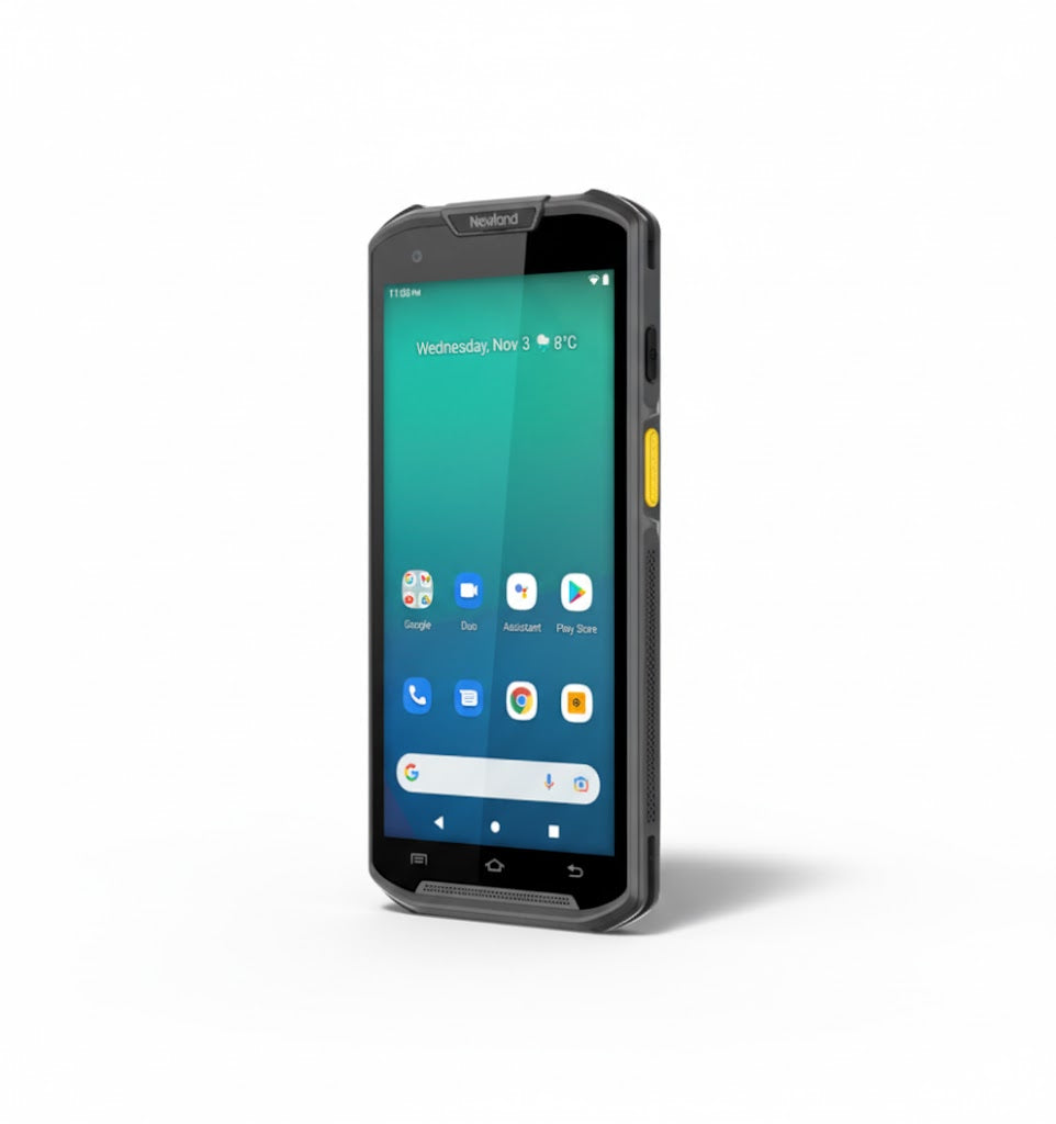 Rugged smartphone with a protective case on a white background - Newland MT93 Megattera | Rugged Android 13 Mobile Computer with Angled Scan Engine & IP67