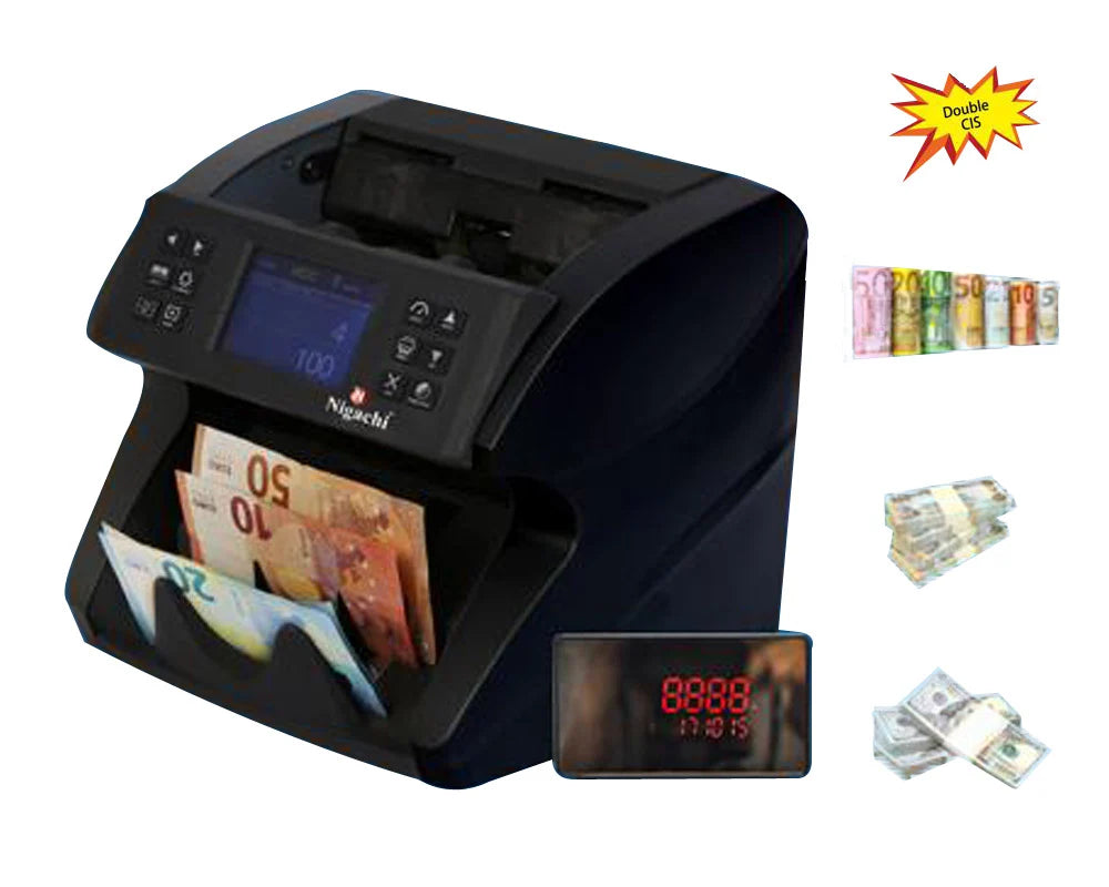 Black money counting machine with currency detection feature, surrounded by various currencies on a white background. - Nigachi NC-777 Single Pocket Money Counting Machine – Fast & Reliable Cash Counter India.