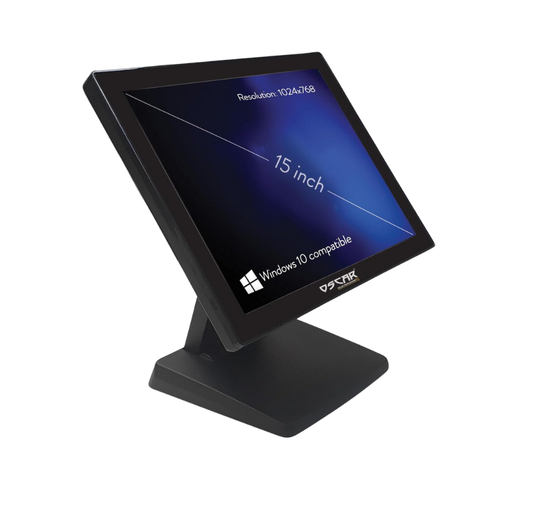 15-inch touchscreen monitor on a stand with Windows 10 compatibility  label. Premium Restaurant POS System in India – POSMEA