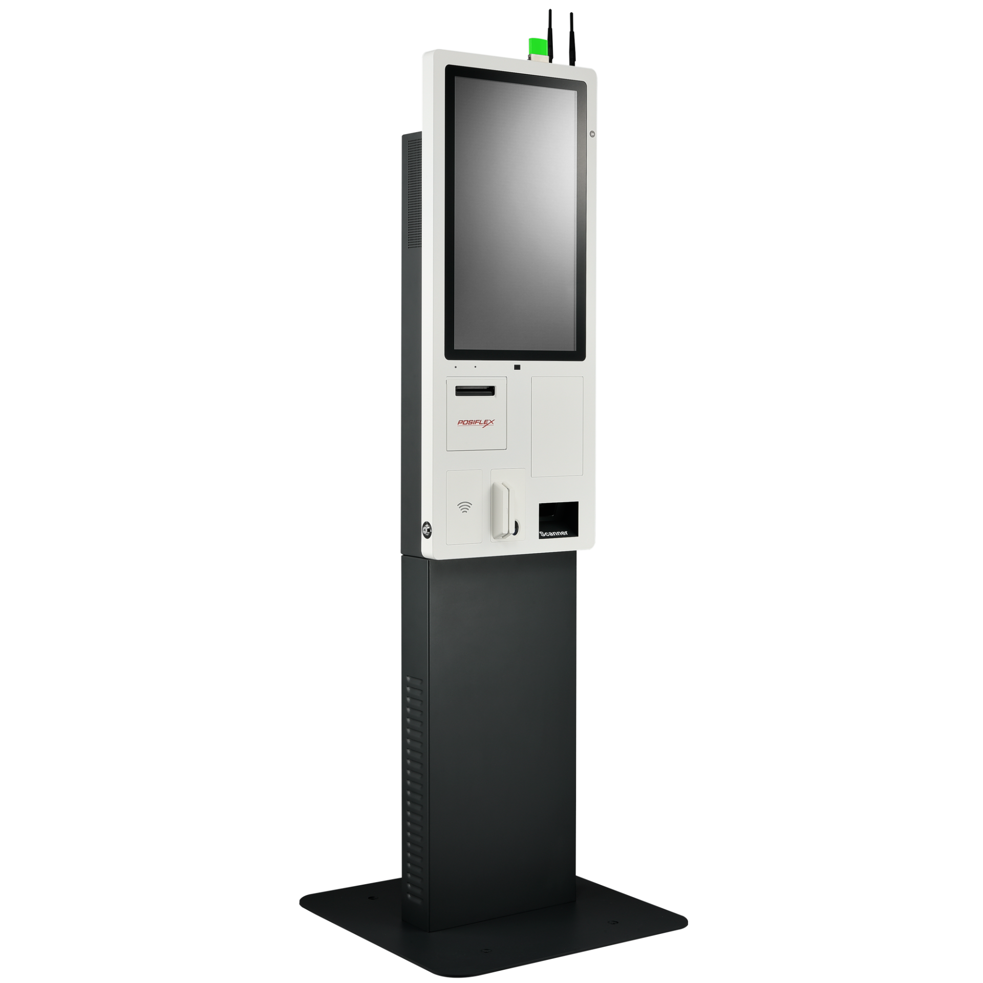 Digital kiosk with a screen and buttons on a white background - POSIFLEX JK Series Dual-Side Floor Mount Kiosk | Self-Service Touchscreen Kiosk for Retail & QSR