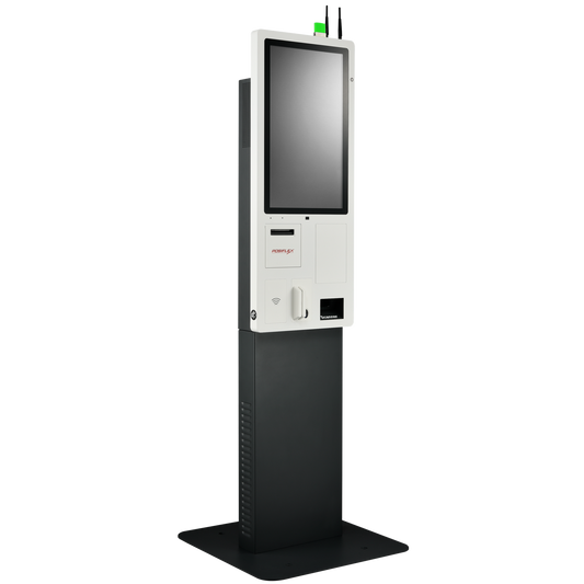 Digital kiosk with a screen and buttons on a white background - POSIFLEX JK Series Dual-Side Floor Mount Kiosk | Self-Service Touchscreen Kiosk for Retail & QSR