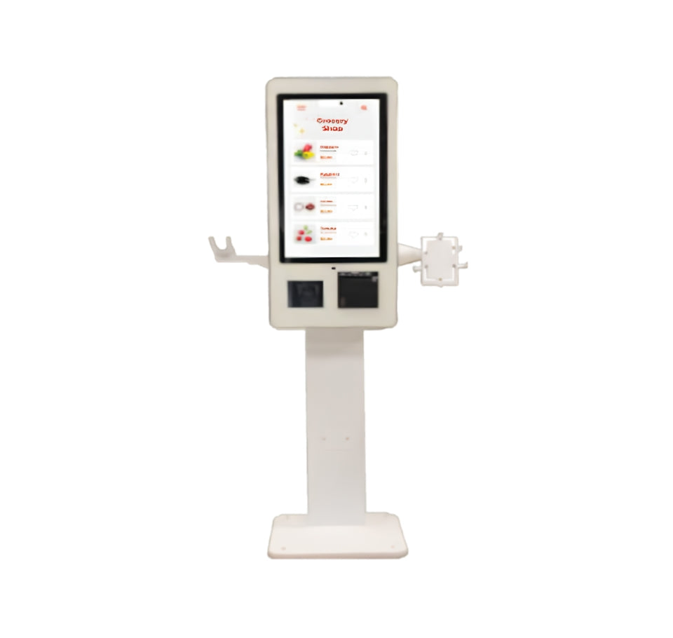 A white countertop touchscreen kiosk with two white robotic arms extending from the sides, shown against a plain white background. - POSIFLEX KT6 RFID Self-Checkout Kiosk