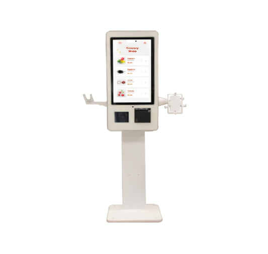 A white countertop touchscreen kiosk with two white robotic arms extending from the sides, shown against a plain white background. - POSIFLEX KT6 RFID Self-Checkout Kiosk