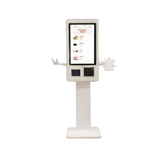 A white countertop touchscreen kiosk with two white robotic arms extending from the sides, shown against a plain white background. - POSIFLEX KT6 RFID Self-Checkout Kiosk