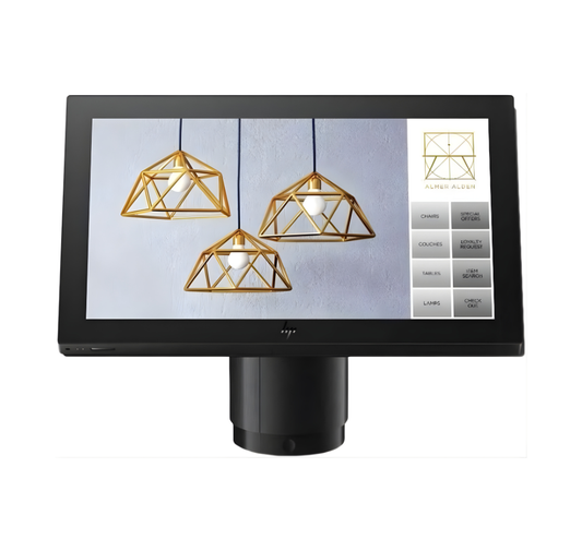Touchscreen display with gold geometric pendant lights on a white background Advanced Hub – POSMEA