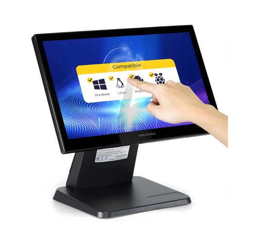 Touchscreen monitor with a hand interacting with the screen on a white background