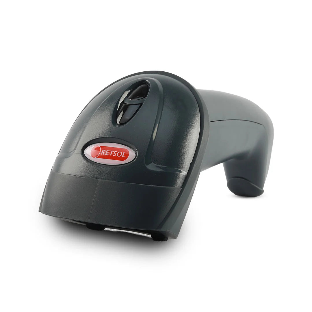 A black Refsol handheld barcode scanner with a red oval logo badge, shown on a clean white background. - RETSOL D1020N 2D Wired Barcode Scanner | USB Handheld QR Code Scanner | CMOS Barcode Reader | POSMEA India