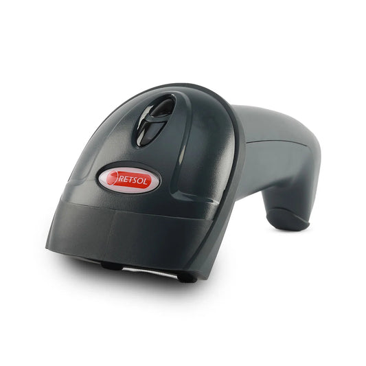 A black Refsol handheld barcode scanner with a red oval logo badge, shown on a clean white background. - RETSOL D1020N 2D Wired Barcode Scanner | USB Handheld QR Code Scanner | CMOS Barcode Reader | POSMEA India