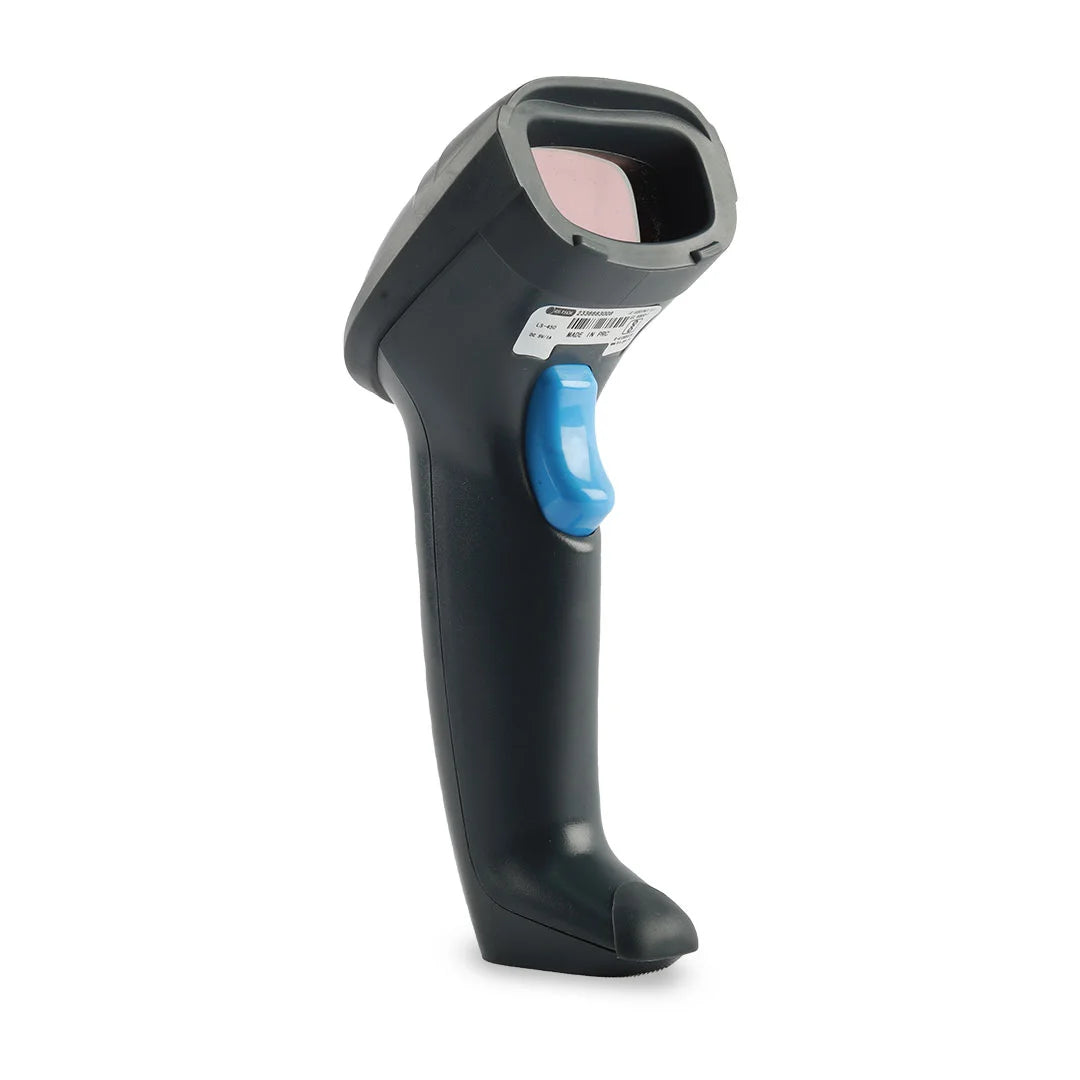 A handheld barcode scanner with a dark gray body, a blue trigger button, and a pinkish-red window, shown on a plain white background.  - RETSOL LS450 Series 1D Laser Barcode Scanner | IP54 Wired Barcode Reader | 32-Bit CPU | POSMEA India