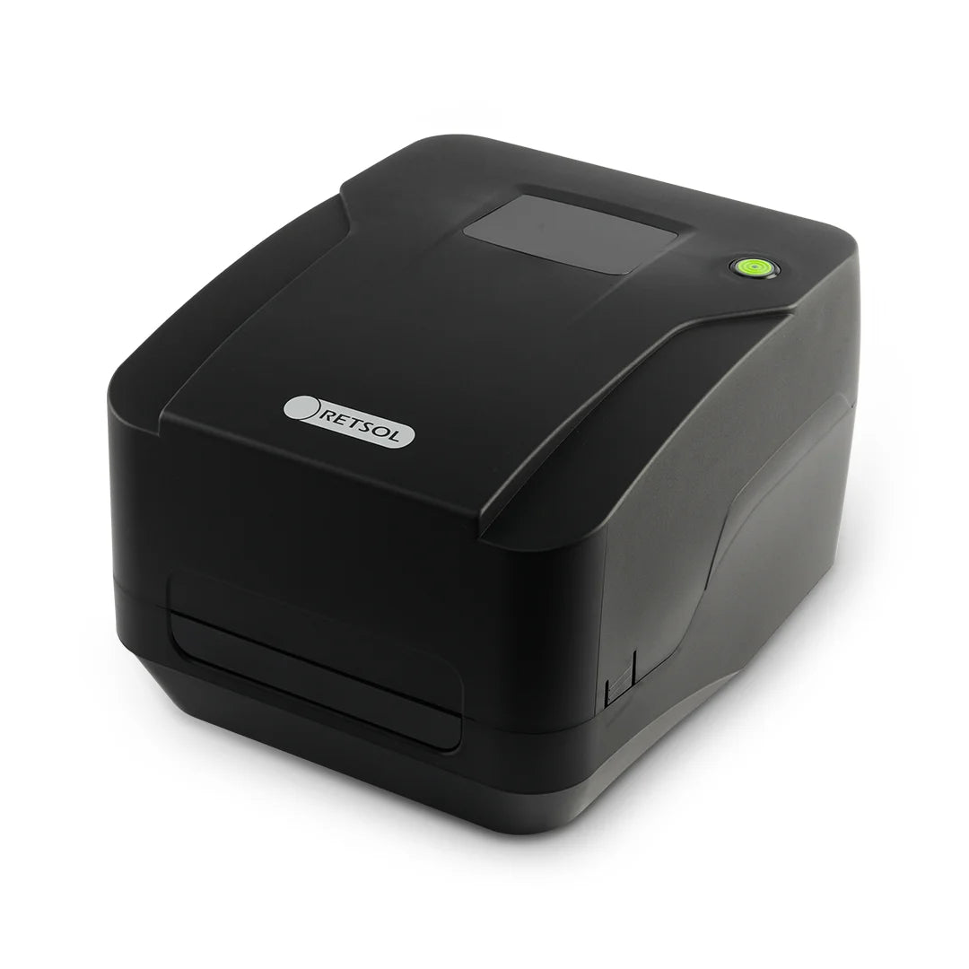 A black ZETSOOL industrial barcode label printer with a small display screen and a green power indicator light, shown on a clean white background. - RETSOL R220 Barcode Label Printer | Thermal Transfer & Direct Thermal Printer | USB | POSMEA India