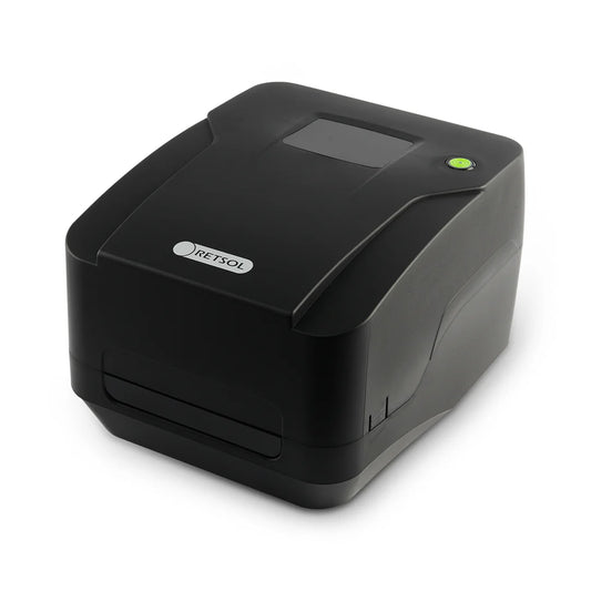 A black ZETSOOL industrial barcode label printer with a small display screen and a green power indicator light, shown on a clean white background. - RETSOL R220 Barcode Printer | Desktop Thermal Transfer & Direct Thermal Label Printer | USB | POSMEA India