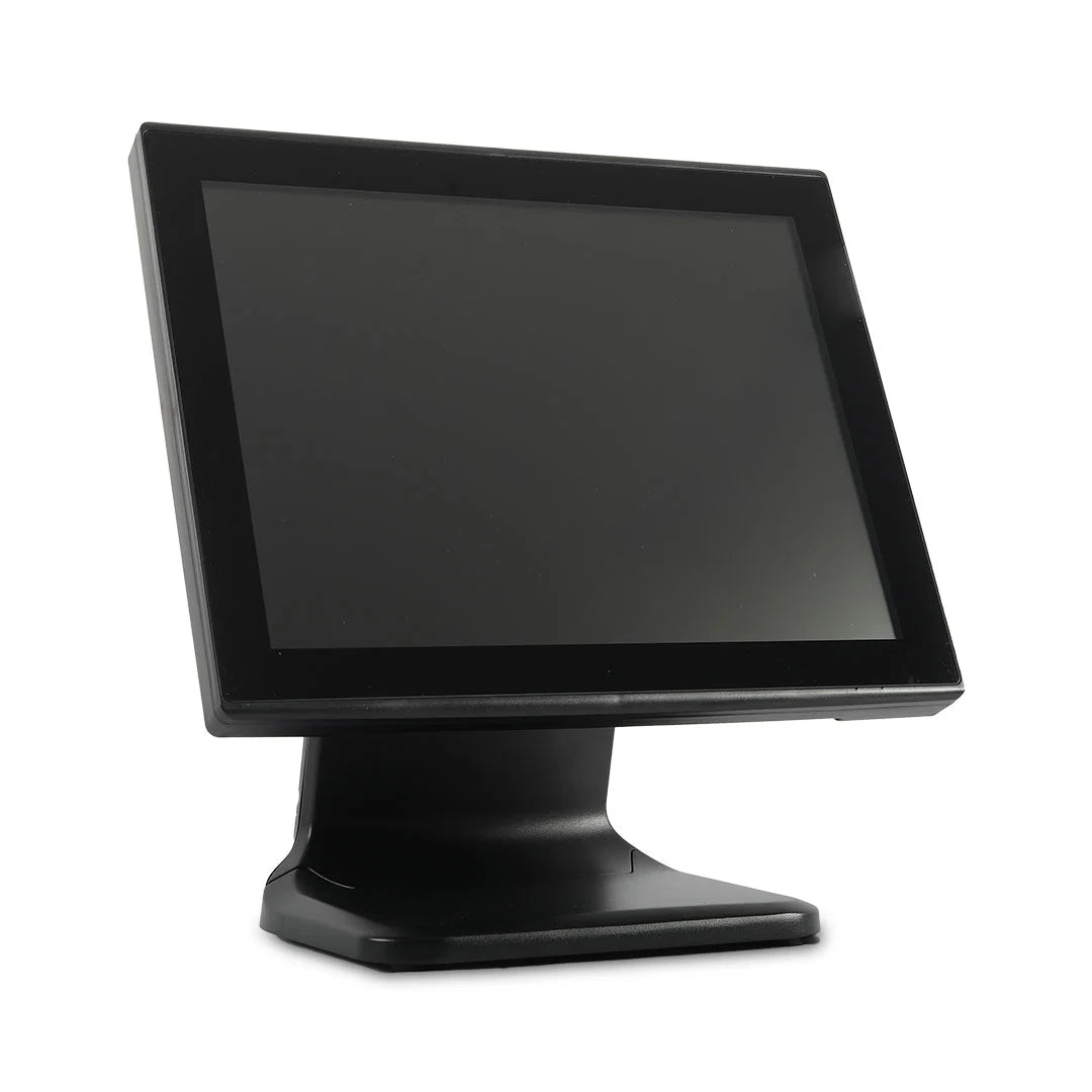 A black touchscreen POS terminal with a wide angled display and a sturdy pedestal stand, shown on a plain white background. - RETSOL RPS-6412 POS Terminal | 15-Inch Touch POS Machine | Intel J6412 | Windows, Linux & Ubuntu | POSMEA India