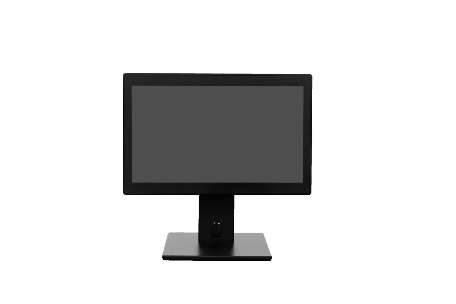 A black computer monitor with a slim bezel and a matching black stand, shown against a plain white background. - RETSOL RPS-8012 POS Terminal | 15.6-Inch Touch POS System | Intel Celeron J6412 | Windows | POSMEA India