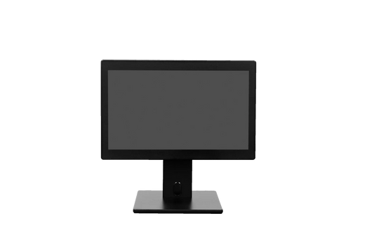 A black computer monitor with a slim bezel and a matching black stand, shown against a plain white background. - RETSOL RPS-8013 POS Terminal | 15.6-Inch Touch POS System | Intel 10th Gen Core i3 | Windows | POSMEA India