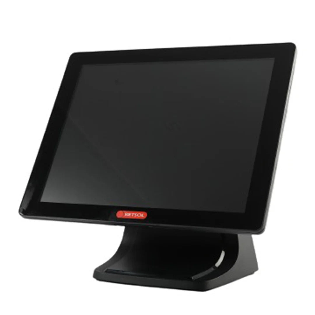 A black countertop touchscreen POS terminal with a wide angled display and a matching stand, featuring a small red logo badge at the bottom of the screen bezel. - RETSOL RS-P1450A POS Machine | 15-Inch Touch POS Terminal | Intel Celeron J1900 | POSMEA India