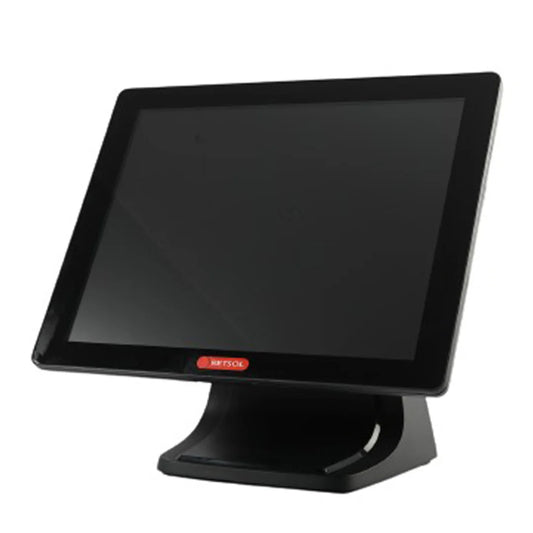A black countertop touchscreen POS terminal with a wide angled display and a matching stand, featuring a small red logo badge at the bottom of the screen bezel. - RETSOL RS-P1450A POS Machine | 15-Inch Touch POS Terminal | Intel Celeron J1900 | POSMEA India