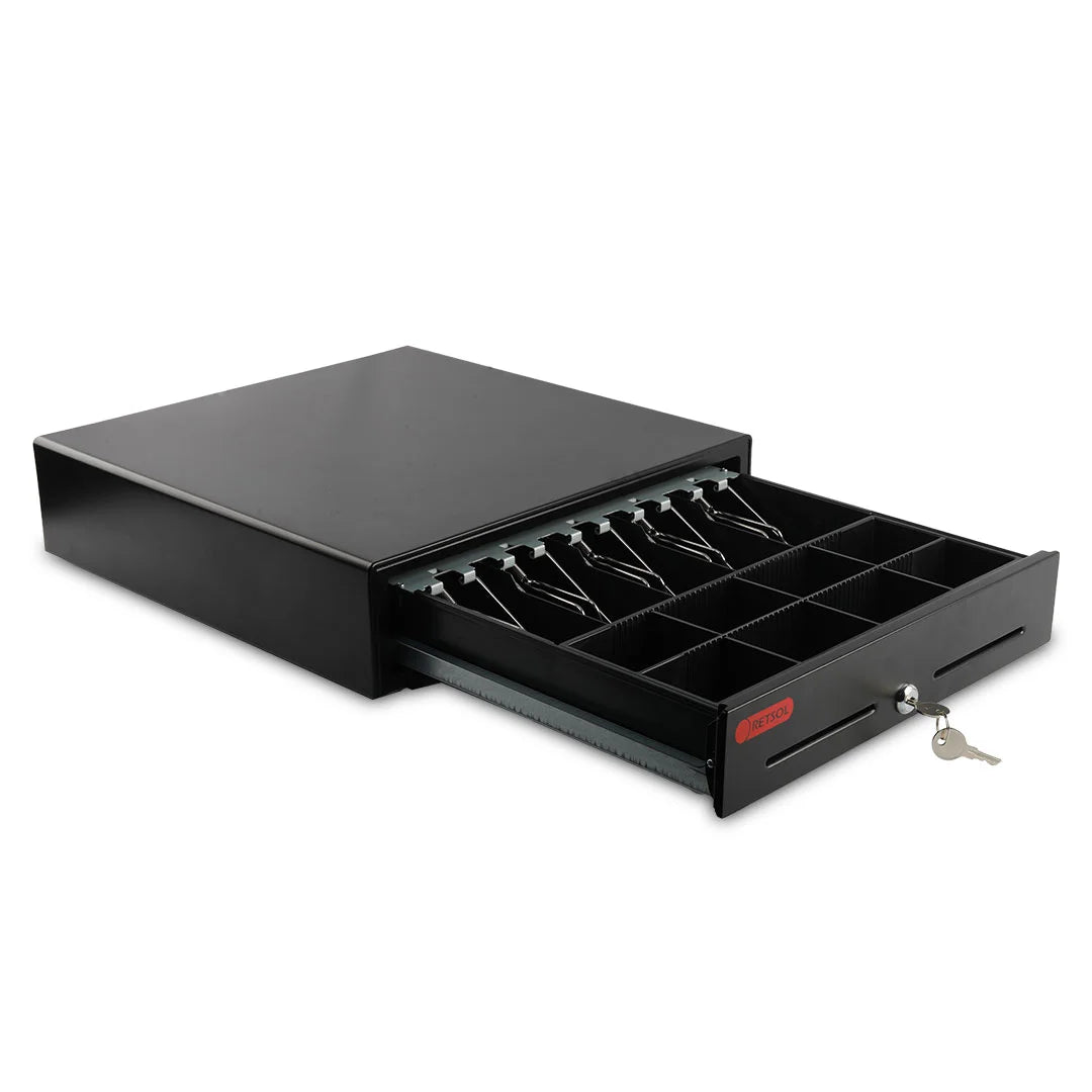 A black metal cash register drawer with multiple compartments and hanging cash hooks, shown with the drawer pulled open and keys attached, on a plain white background. - RETSOL RSK410 Heavy Duty Cash Drawer | Secure POS Cash Register Drawer | POSMEA India