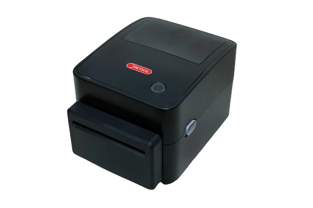 A black thermal label printer with a paper tray extended from the front, featuring a small red logo on top, shown against a plain white background. - RETSOL RTP-4800 4-Inch Thermal Receipt Printer | USB + LAN POS Printer | Auto Cutter | POSMEA India