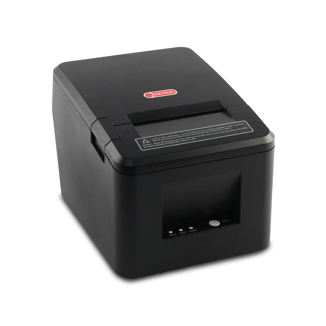 A black thermal receipt printer with a red and white 'JETMOCK' logo on the top lid, shown at a three-quarter  angle on a white background. - RETSOL RTP-80 80mm Thermal Receipt Printer | USB + Ethernet + Serial POS Printer | 230mm/s | POSMEA India