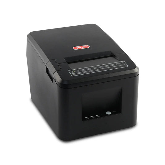 A black thermal receipt printer with a red and white 'JETMOCK' logo on the top lid, shown at a three-quarter  angle on a white background. - RETSOL RTP-80 80mm Thermal Receipt Printer | USB + Ethernet + Serial POS Printer | 230mm/s | POSMEA India