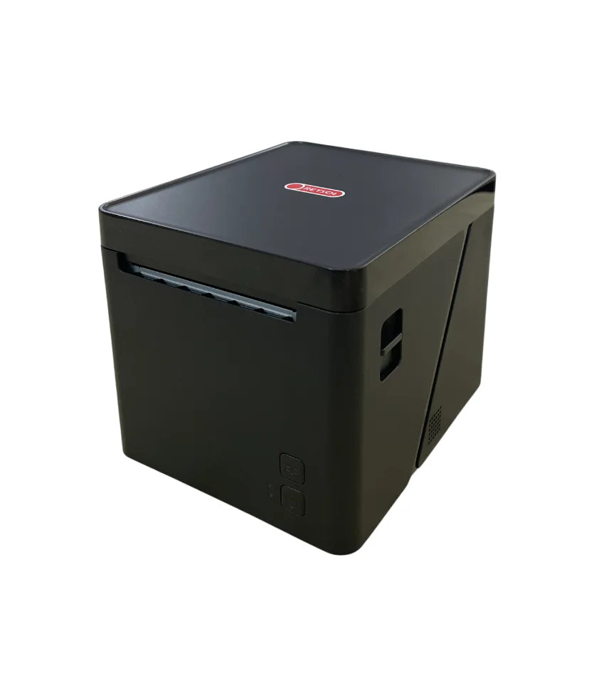 A black compact thermal printer with a small red logo badge on top, shown from a three-quarters angle on a plain white background.  -RETSOL RTP-81 80mm Thermal Receipt Printer | USB + LAN POS Printer | 203 DPI | POSMEA India