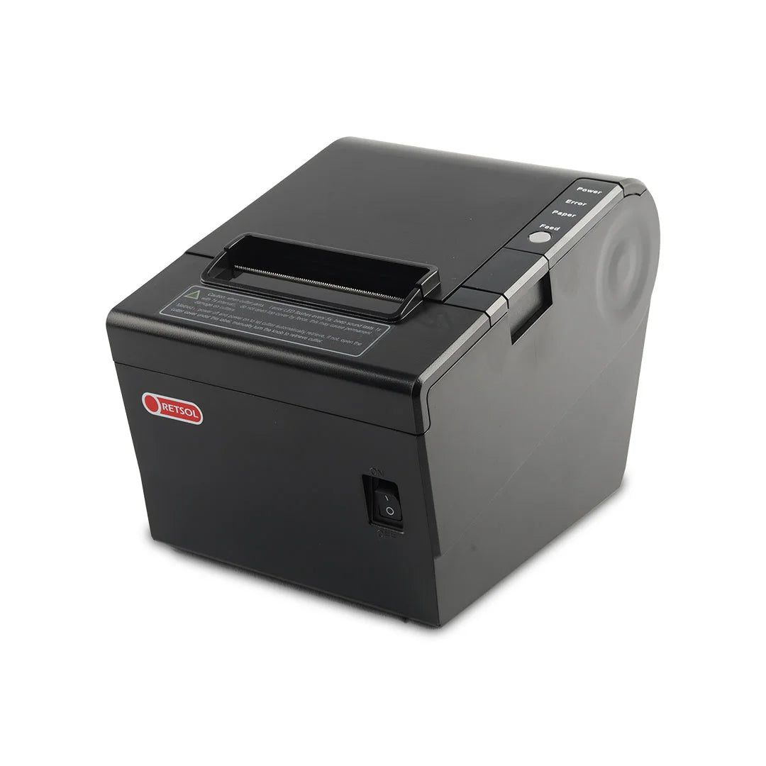 A Jetson commercial thermal receipt printer in black, shown at a three-quarter angle on a white background. - RETSOL RTP-82UE 80mm Thermal Receipt Printer | USB + LAN POS Printer | 230mm/s Auto Cutter | POSMEA India