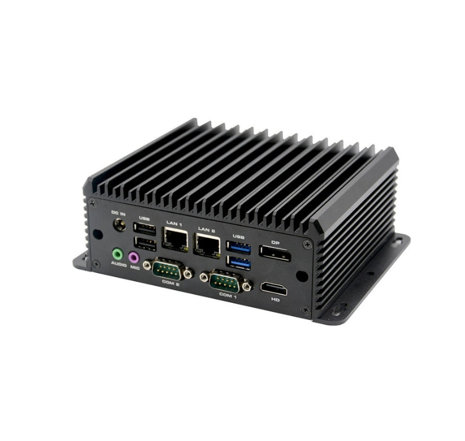 A black industrial mini PC with a ribbed metal heatsink casing, shown from a three-quarters angle on a white background. The rear panel features various ports including USB, LAN, USB 3. - RUGTEK TX-6100 Configurable POS Box | Fanless Intel Core i3/i5 POS System for Retail & Restaurant Billing