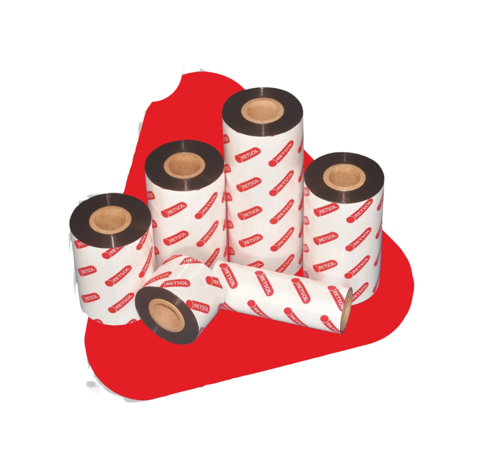 Five rolls of white transfer paper with red diagonal text, arranged on a red abstract shape against a white background. - Retsol Thermal Transfer Ribbons & Barcode Labels | Wax, Wax Resin & Resin Ribbons | POSMEA India
