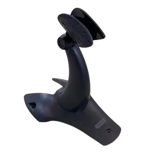 A black plastic adjustable mounting stand with a suction cup base and a curved arm holding a clip or hook, shown on a plain white background. - Retsol Universal Barcode Scanner Stand | Adjustable Hands-Free Scanner Holder | POS Scanner Stand | POSMEA India
