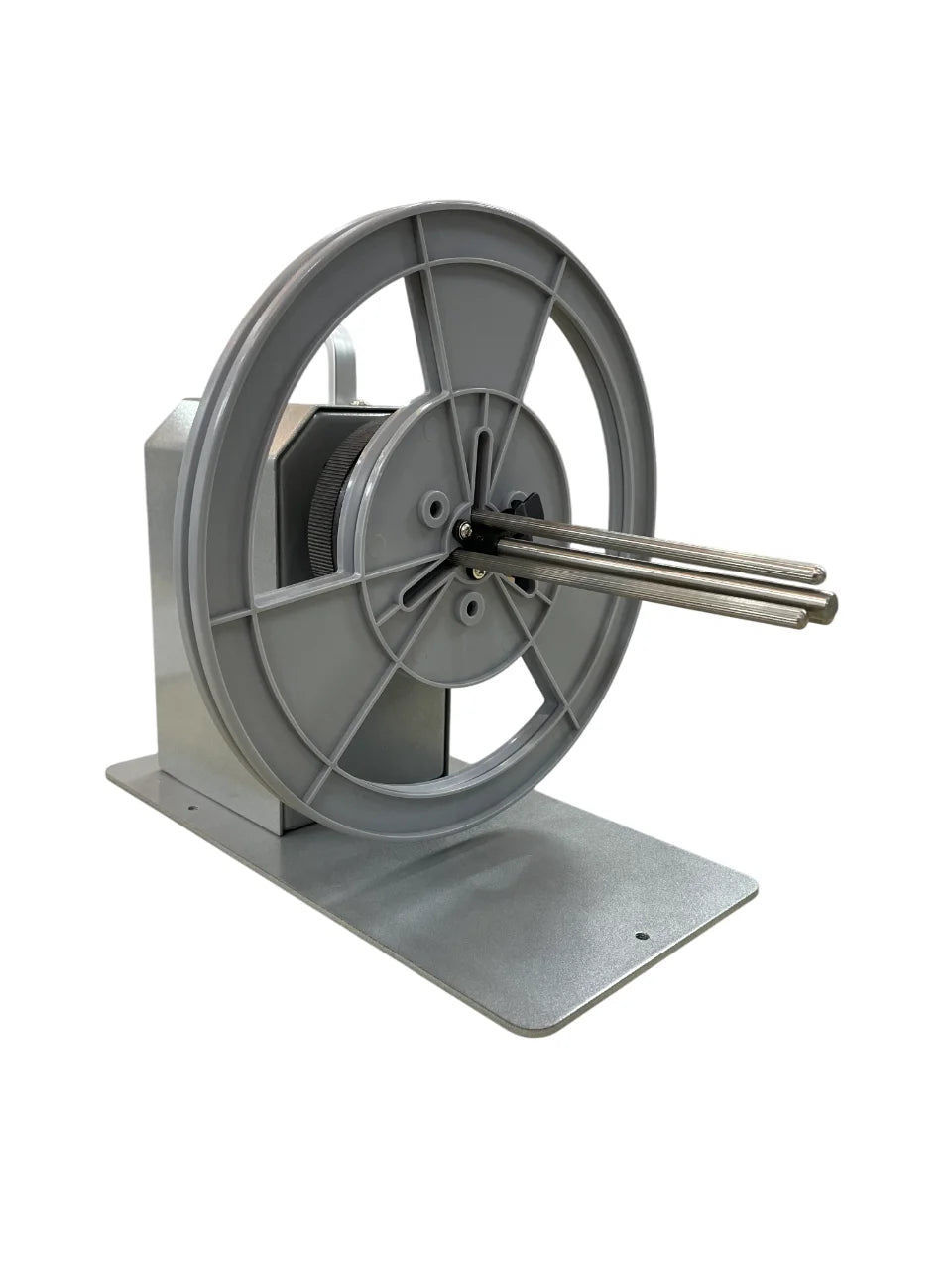 A gray metal cable reel with a flat mounting base and two metal guide rods extending from the center, shown on a plain white background. - Retsol X100 Label Rewinder | Automatic Barcode Label Roll Rewinder | Industrial Label Rewinding Machine | POSMEA India