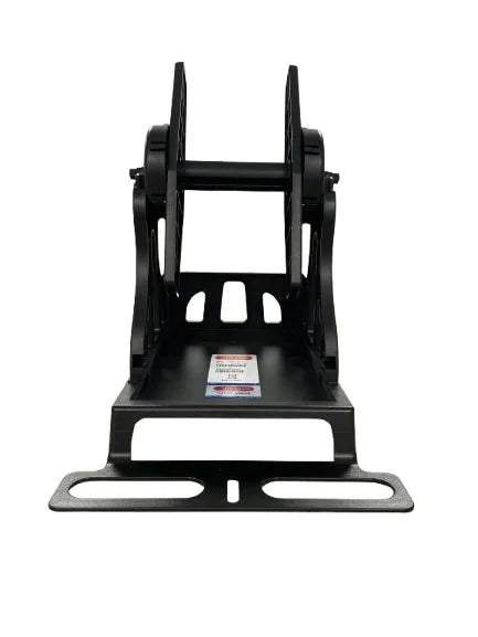 A black metal mounting bracket or frame component with two upright supports and a flat base plate, shown against a plain white background. - Retsol X50 Label Stand | External Label Roll Holder for Barcode Printers | Heavy-Duty Label Stand | POSMEA India