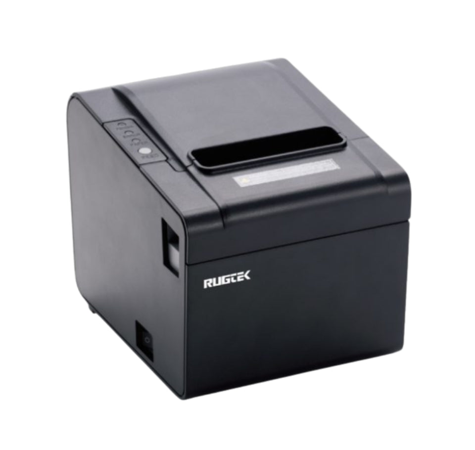 A black Rugtec thermal receipt printer photographed on a plain white background.-Rugtek RP-326 USE 3-Inch Thermal Printer | USB + Serial + Ethernet POS Receipt Printer for Retail & Restaurant Billing